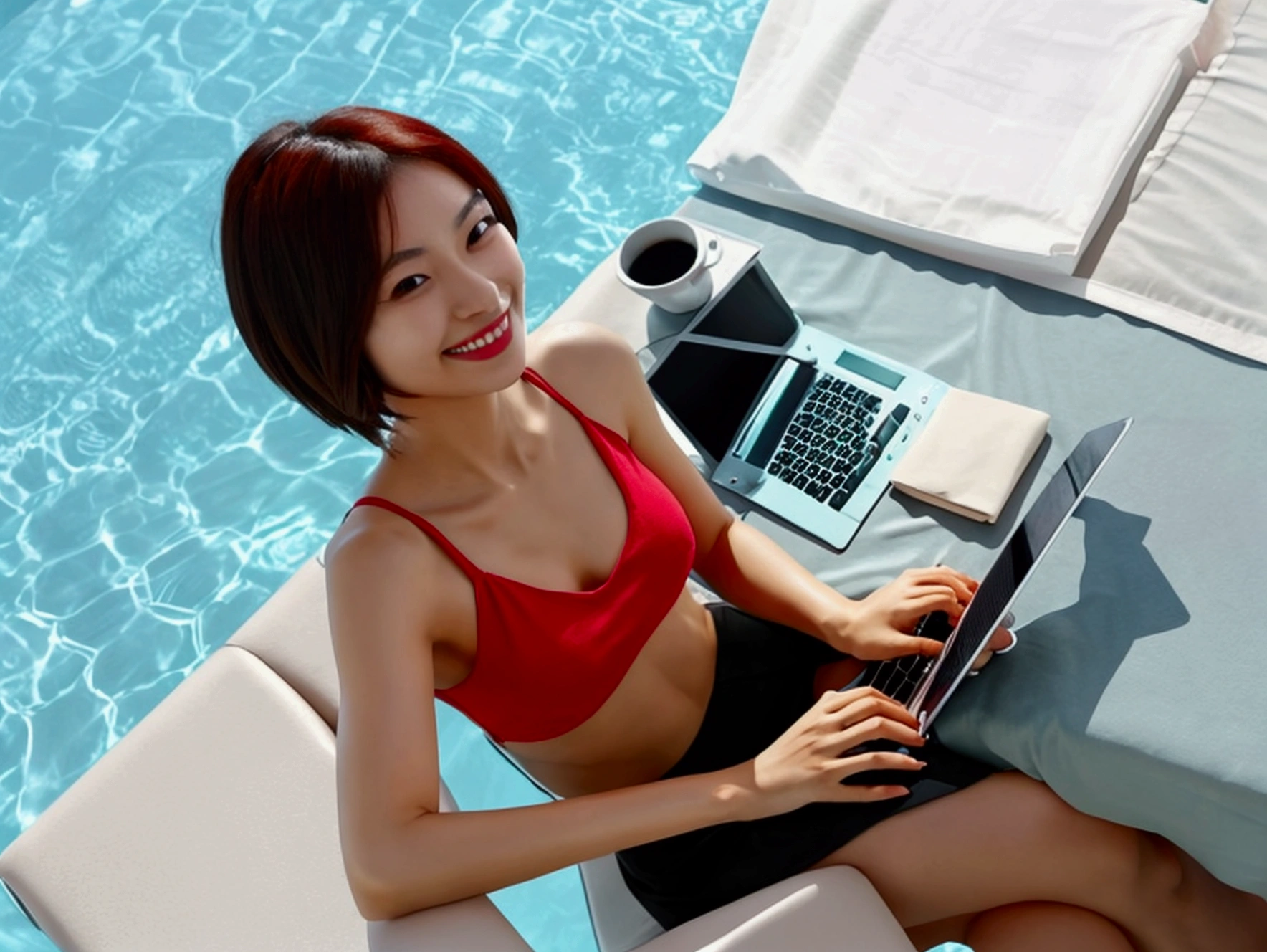 masterpiece, realistic, photorealistic, best quality, beautiful detailed, natural lighting, sharp focus, slim body, abs:1.2, small breasts, best quality real texture skin, Detailed beautiful delicate face and eyes, A beautiful 20-year-old Japanese woman, (((searching the internet on a laptop))), short hair, ((sitting on a dining table chair)), ((smiling while looking directly at the camera)), modern living room decorated with minimalist furniture and abstract art, . She is wearing a red tank top and a black mini skirt, has double eyelids, The composition shows her entire body.