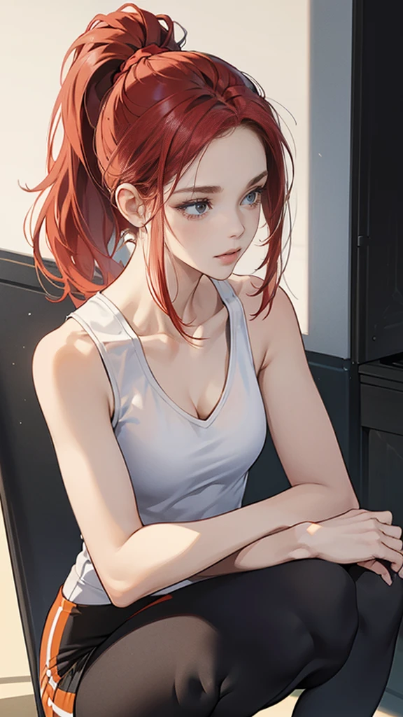 {{masterpiece}}, {{{best quality}}},{{ultra-detailed}}, {{illustration}},{{tall stature}},{{adult women}},((Shorts and leggings)),Small breasts,Slender,Flared Shorts,{{Squatting on the ground}},((Leggings with integrated shorts)), Fitness Instructor Red hair ponytail ((White tank top)) Place your hands on your knees Wristband ,1 female,alone, Fitness Gym Cleavage