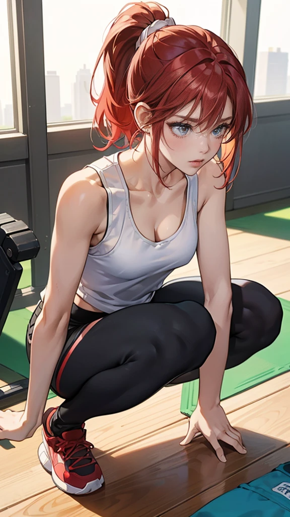 {{masterpiece}}, {{{best quality}}},{{ultra-detailed}}, {{illustration}},{{tall stature}},{{adult women}},((Shorts and leggings)),Small breasts,Slender,Flared Shorts,{{Squatting on the ground}},((Leggings with integrated shorts)), Fitness Instructor　Red hair ponytail　((White tank top))　Place your hands on your knees　Wristband　,1 female,alone,　Fitness Gym 　Cleavage