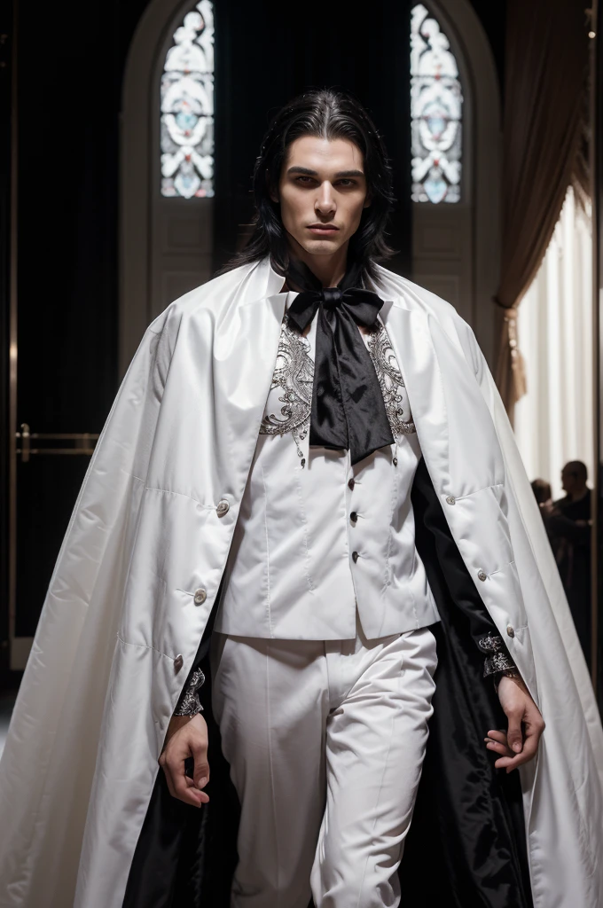 (absurdities, high resolution, ultra detailed), Extremely Extravagant Vampire Catwalk Male Model Fashion Show, perfectly drawn face, wearing luxury white vampire skin clothing for men, epic, Full body photo, cinematic lighting, intricate details, model track background, perfect lighting, approaching perfection, 8K resolution, black hair with white strands