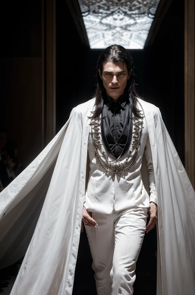 (absurdities, high resolution, ultra detailed), Extremely Extravagant Vampire Catwalk Male Model Fashion Show, perfectly drawn face, wearing luxury white vampire skin clothing for men, epic, Full body photo, cinematic lighting, intricate details, model track background, perfect lighting, approaching perfection, 8K resolution, black hair with white strands