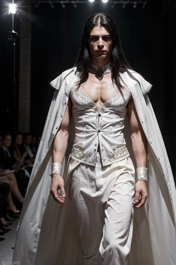 (absurdities, high resolution, ultra detailed), Extremely Extravagant Vampire Catwalk Male Model Fashion Show, perfectly drawn face, wearing luxury white vampire skin clothing for men, epic, Full body photo, cinematic lighting, intricate details, model track background, perfect lighting, approaching perfection, 8K resolution, black hair with white strands