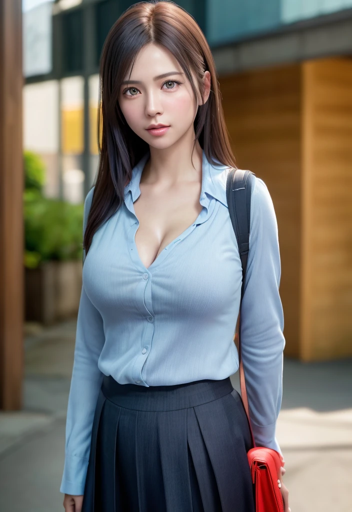 (((realistic photo shot))),, Portrait, (Face of fear:1.3),, Beautiful Girl, Looking at Viewer, , (School uniform:1.2), Shirt buttons and trousers, , (Big cleavage:1),, On Japan Street, (details in environment:1.3),, (Raw photo, cg unity, Photography, super realistic details, Sharp Focus, Detailed skin,4K, hight resolution, masutepiece, Best Quality, Realistic, Vibrant:1.2),, (8K,4K, nffsw, High resolution, Professional, Cinematic, movie, Dramatic),, (anamorphic depth of field blur background), Detailed background,