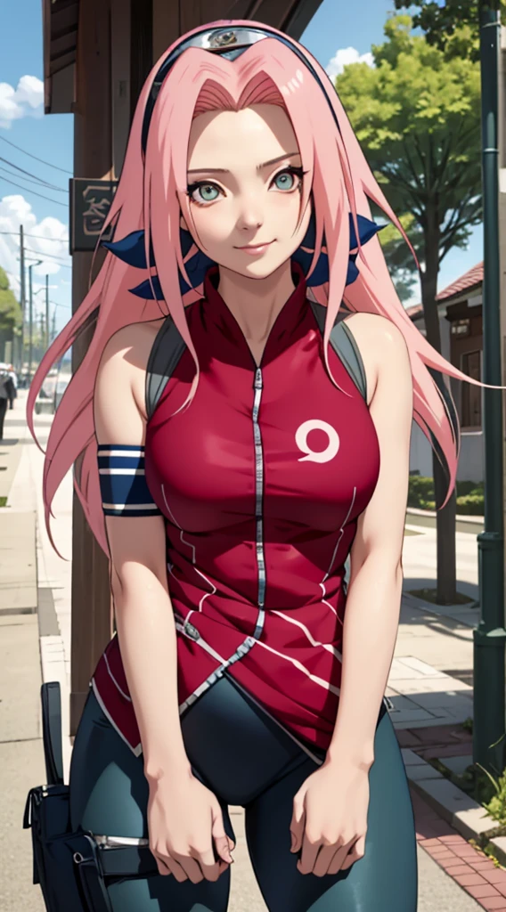 tmasterpiece, Best quality at best, 1girll,Solo, Sakura Haruno, Large breasts,(wallpaper body closeup),Raised sexy,is shy,with pink hair, long whitr hair, (greene eyes:1.3), Forehead protection, ssmile, blue-sky, Clouds, Hidden village,Red clothes, Zipper half , bike tight pants ,