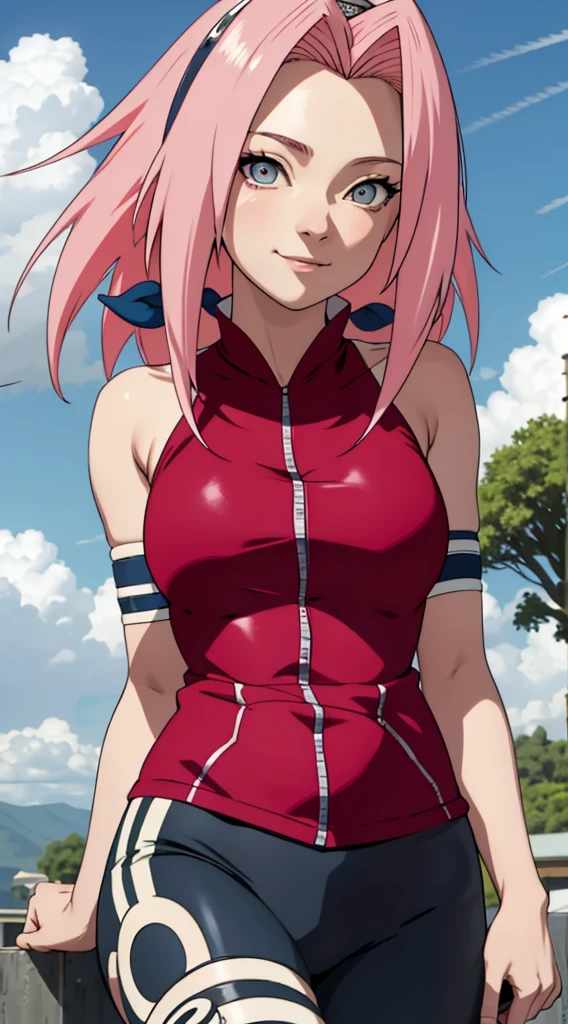 tmasterpiece, Best quality at best, 1girll,Solo, Sakura Haruno, Large breasts,(wallpaper body closeup),Raised sexy,is shy,with pink hair, long whitr hair, (greene eyes:1.3), Forehead protection, ssmile, blue-sky, Clouds, Hidden village,Red clothes, Zipper half , bike tight pants ,