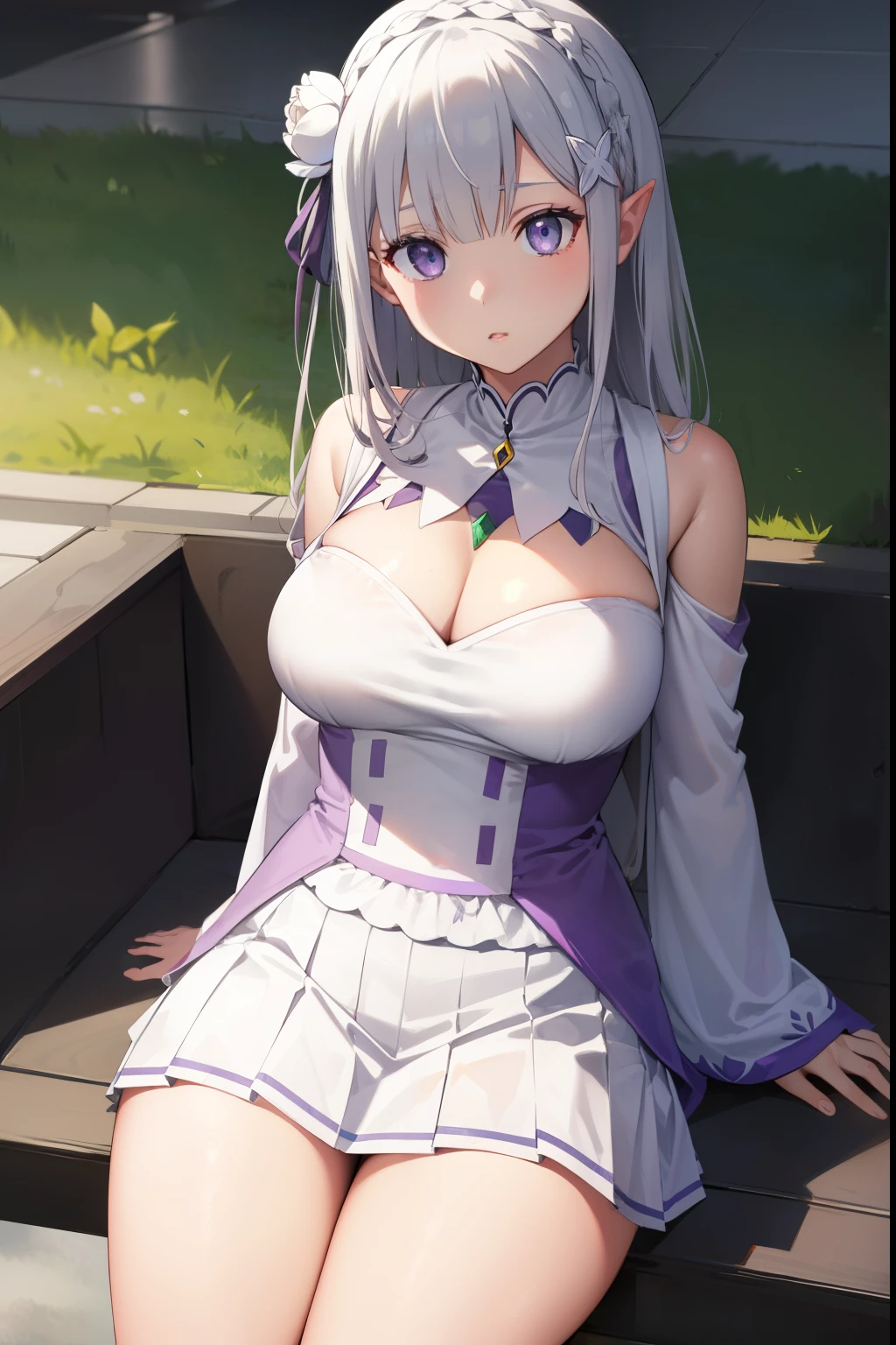 RezeroEmilia, emilia, braid, crown braid, flower, hair flower, hair ornament, bitter hair, broad, pointy ears, (purple eyes:1.2), for white, x hair ornament,
BREAK detached neck, separate sleeves, mangas con steering wheels, steering wheels, long sleeves, miniSkirt, pleated Skirt, amar, Skirt, Thighs, white Skirt, white sleeves, white Thighs, broad sleeves, The big step,
REST outdoors, City,
REST looking at the viewer, BREAK (Masterpiece:1.2), Best Quality, high resolution, unity wallpaper 8k, (illustration:0.8), (Beautiful detailed eyes:1.6), extremely detailed face, perfect lighting, Extremely detailed CG, (perfect hands, perfect anatomy), big breasts, deep neckline, big breasts, deep neckline, NSFW, naked breasts, naked breasts