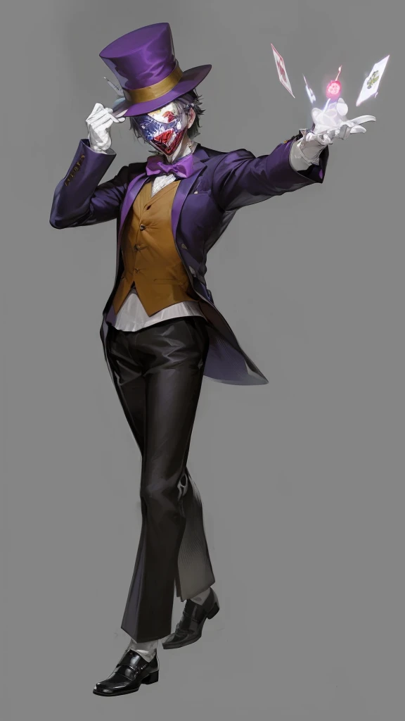 Official Art, masterpiece, Clear focus, Extremely detailed, (Side Light:1.2), clown,Suit,crazy,male,whole body,mystery,magician帽,Suit外套,Vest,leather shoes,wear gloves,magician,weird,Strong build,