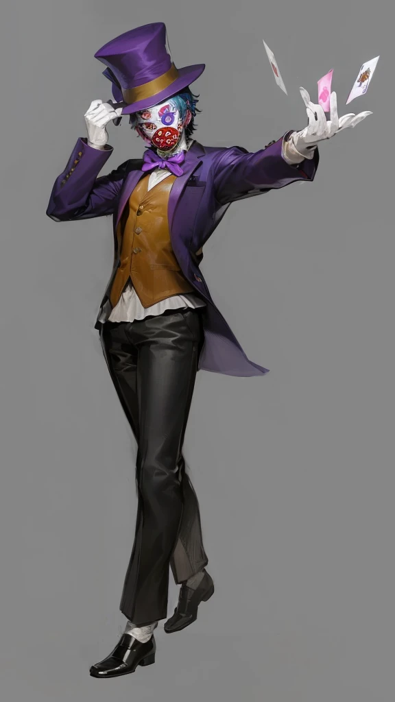 Official Art, masterpiece, Clear focus, Extremely detailed, (Side Light:1.2), clown,Suit,crazy,male,whole body,mystery,magician帽,Suit外套,Vest,leather shoes,wear gloves,magician,weird,Strong build,