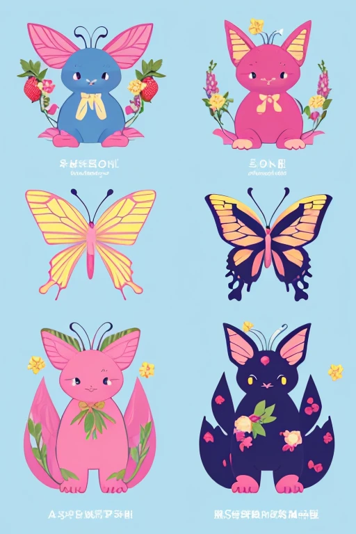 ribbon、strawberry、moon、butterfly、Rose、Please draw an original illustration of a figure based on Godzilla, including the above elements.。The colors are pink, light blue, and yellow