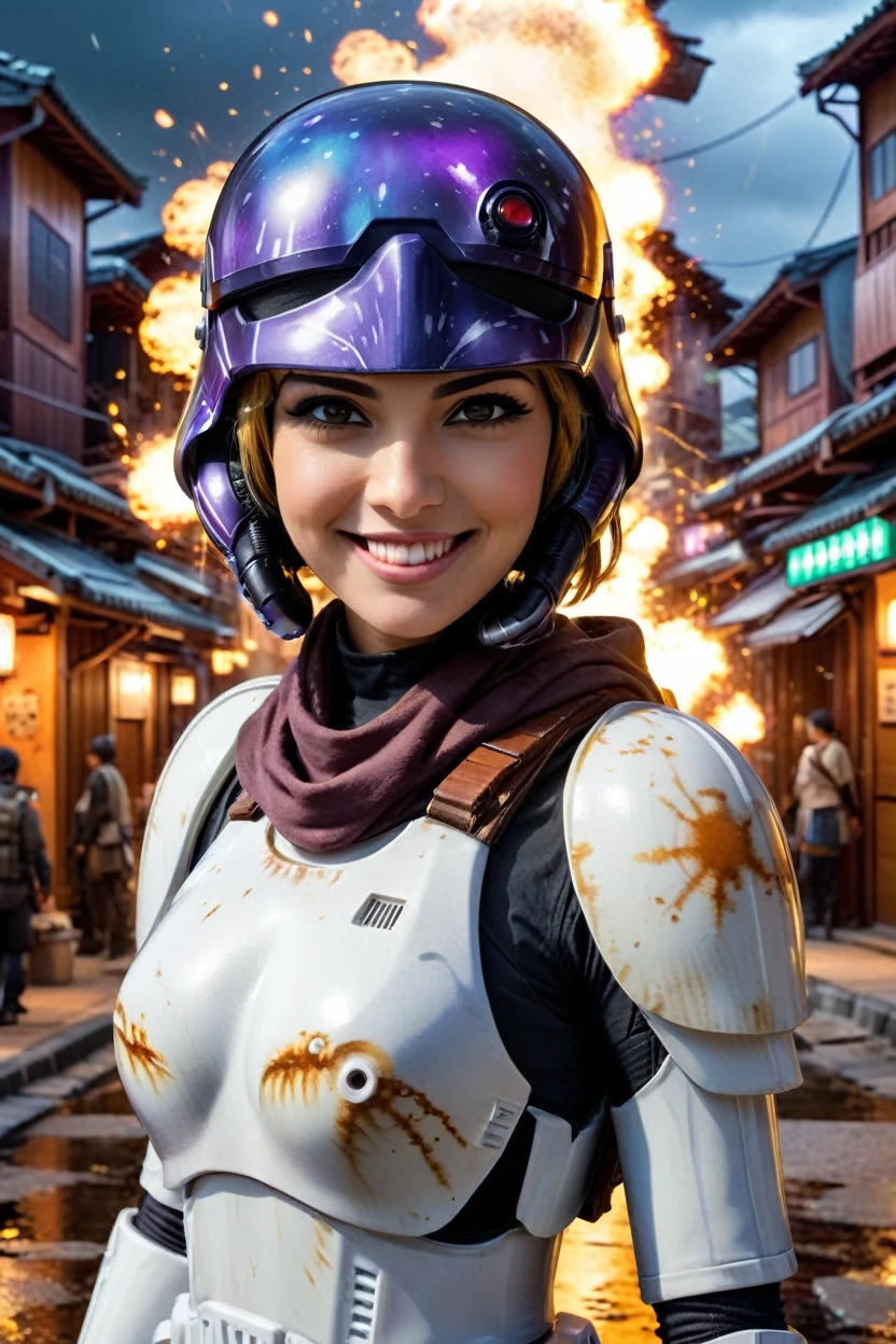 watercolor splash photo sabine wren, big breast ,big smile, ], wearing storm trooper armor at tanzaku town. art by aliza razell, vibrant, beautiful, low light, artistic, high-energy, detailed, iconic, colorful explosion