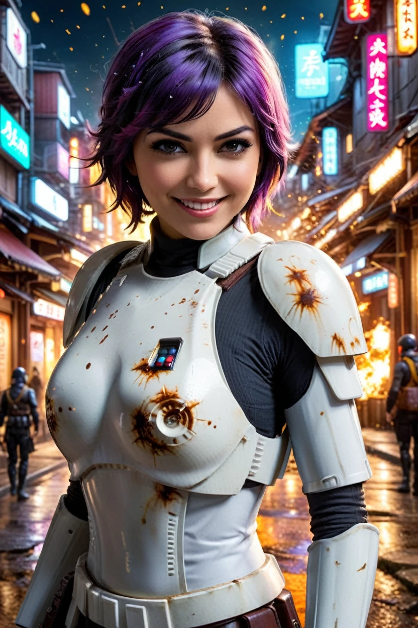 watercolor splash photo sabine wren, big breast ,big smile, ], wearing storm trooper armor at tanzaku town. art by aliza razell, vibrant, beautiful, low light, artistic, high-energy, detailed, iconic, colorful explosion