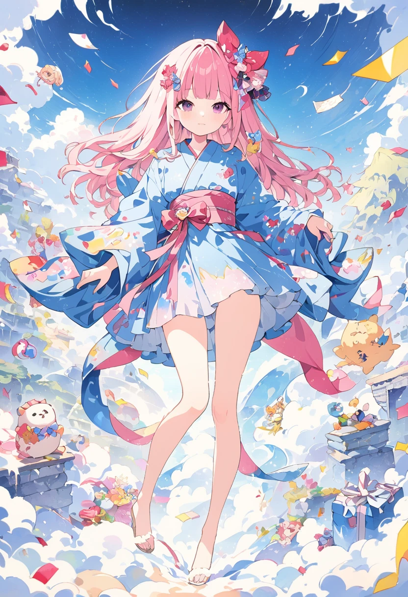 Momoko Sakura Style、8K quality、Intense watercolor,, Watercolor splash, Surreal, Avant-garde pop art, Beautiful and expressive paintings, Beautiful artwork illustration, Very colorful tones, wonderful, Cool Beauty, Highest quality、Official Art, Vector art, Stylish design, (((The most beautiful girl))), (Confetti),((Thin legs))、(((Highest quality))), High resolution, ((detailed)), (((Doodle Art)), ((masterpiece)), ((Super detailed)),(((yukata))),,(Sexual),((yukataから少し下着が見える))