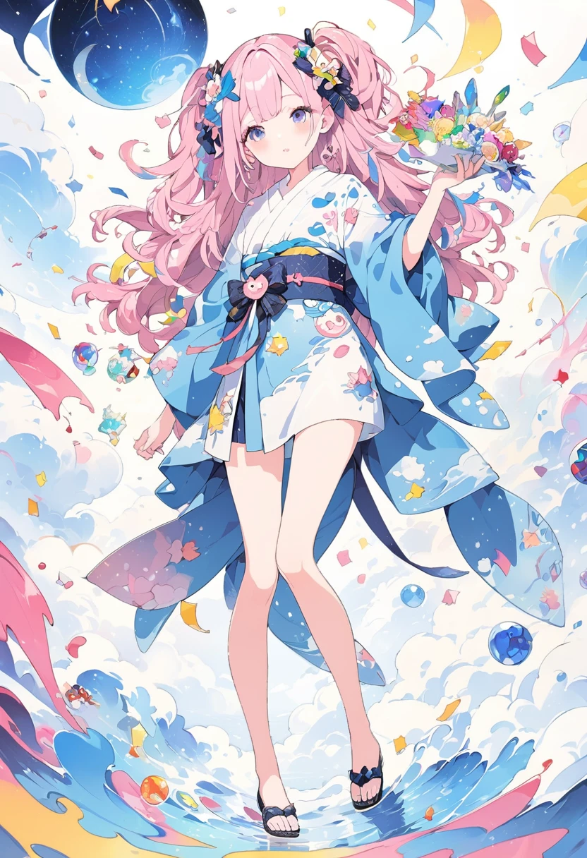 Momoko Sakura Style、8K quality、Intense watercolor,, Watercolor splash, Surreal, Avant-garde pop art, Beautiful and expressive paintings, Beautiful artwork illustration, Very colorful tones, wonderful, Cool Beauty, Highest quality、Official Art, Vector art, Stylish design, (((The most beautiful girl))), (Confetti),((Thin legs))、(((Highest quality))), High resolution, ((detailed)), (((Doodle Art)), ((masterpiece)), ((Super detailed)),(((yukata))),,(Sexual),((yukataから少し下着が見える))