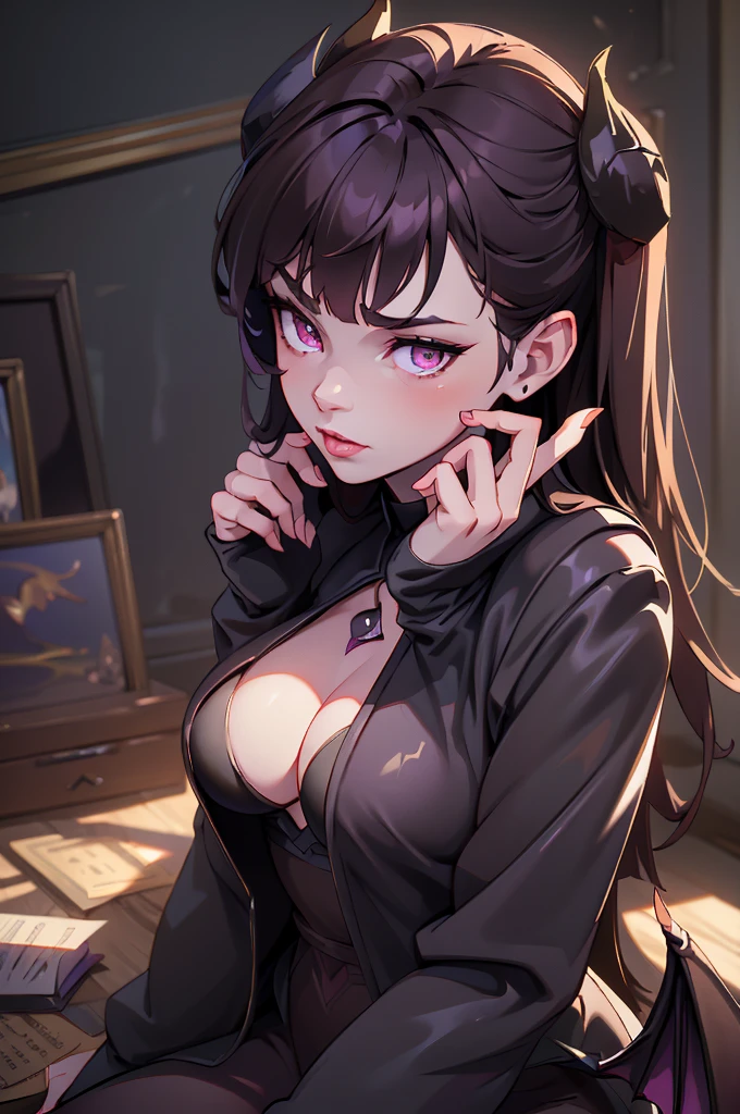 a demonic succubus woman with purple wings and tail, brown hair, golden eyes, thin purple horns, wearing a white dress with a leather jacket, fine facial features and almond-shaped eyes, (best quality,4k,8k,highres,masterpiece:1.2),ultra-detailed,(realistic,photorealistic,photo-realistic:1.37),digital painting,concept art,fantasy,dark fantasy,dramatic lighting,dramatic shadows,cinematic,moody,vibrant colors,glowing eyes
