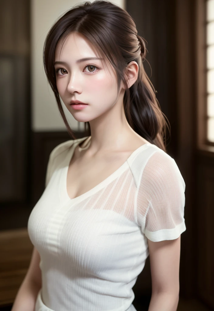 8K, of the highest quality, masutepiece:1.2), (Realistic, Photorealsitic:1.37), of the highest quality, masutepiece, Beautiful young woman, Pensive expression, Sweet look, Sexy white shirt、Hair tied back, Messy mood, Cinematic background, Tired, Light skin tone