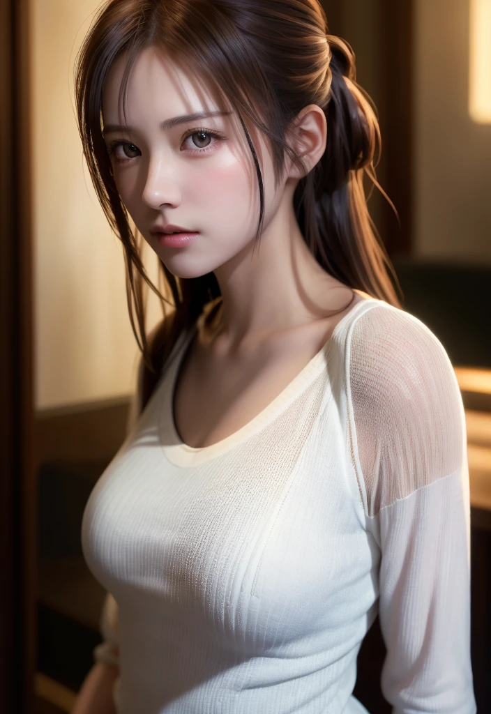 8K, of the highest quality, masutepiece:1.2), (Realistic, Photorealsitic:1.37), of the highest quality, masutepiece, Beautiful young woman, Pensive expression, Sweet look, Sexy white shirt、Hair tied back, Messy mood, Cinematic background, Tired, Light skin tone