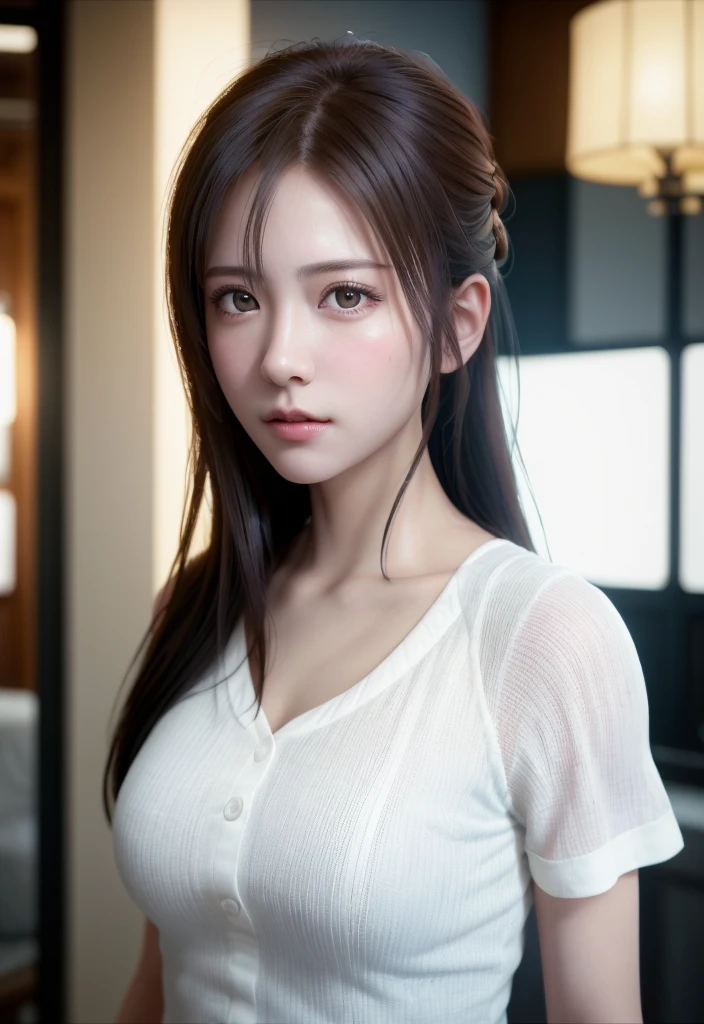 8K, of the highest quality, masutepiece:1.2), (Realistic, Photorealsitic:1.37), of the highest quality, masutepiece, Beautiful young woman, Pensive expression, Sweet look, Sexy white shirt、Hair tied back, Messy mood, Cinematic background, Tired, Light skin tone