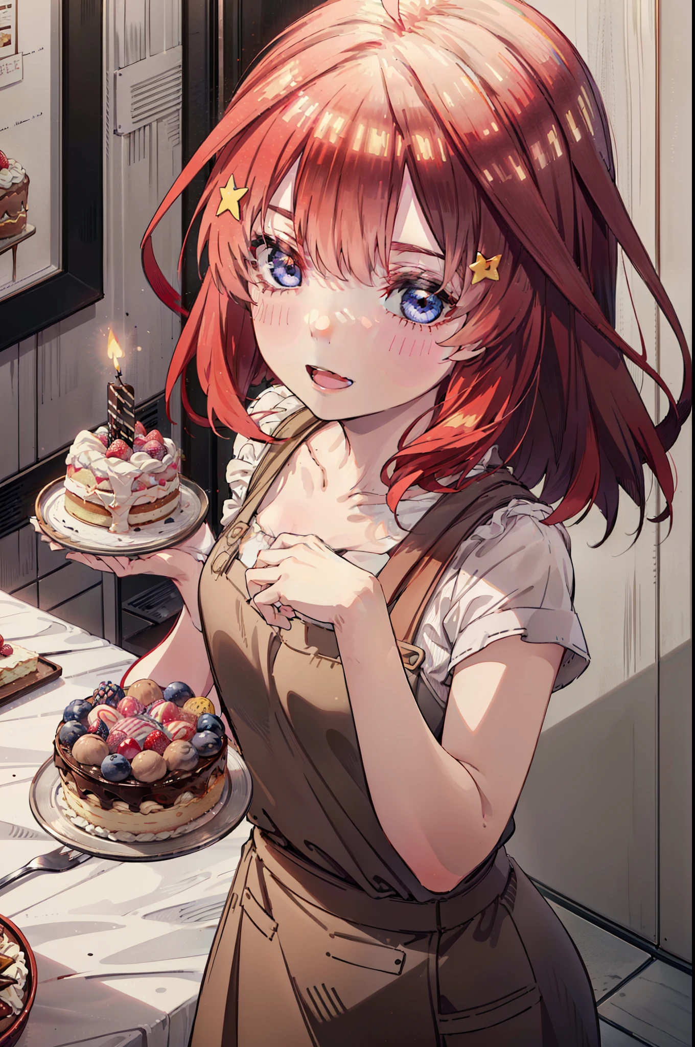 itsukinakano, Itsuki Nakano, bangs, blue eyes, Hair between the eyes, Ahoge, Redhead, star \(symbol\), hair ornaments,happy smile, smile, Open your mouth,cracker, star hair ornaments,Red Tank Top,Long skirt,Black pantyhose,apron,Walking,There is food and a birthday cake on the table,
break indoors, room,
break looking at viewer,Upper Body,
break (masterpiece:1.2), Highest quality, High resolution, unity 8k wallpaper, (figure:0.8), (Beautiful attention to detail:1.6), Highly detailed face, Perfect lighting, Highly detailed CG, (Perfect hands, Perfect Anatomy),