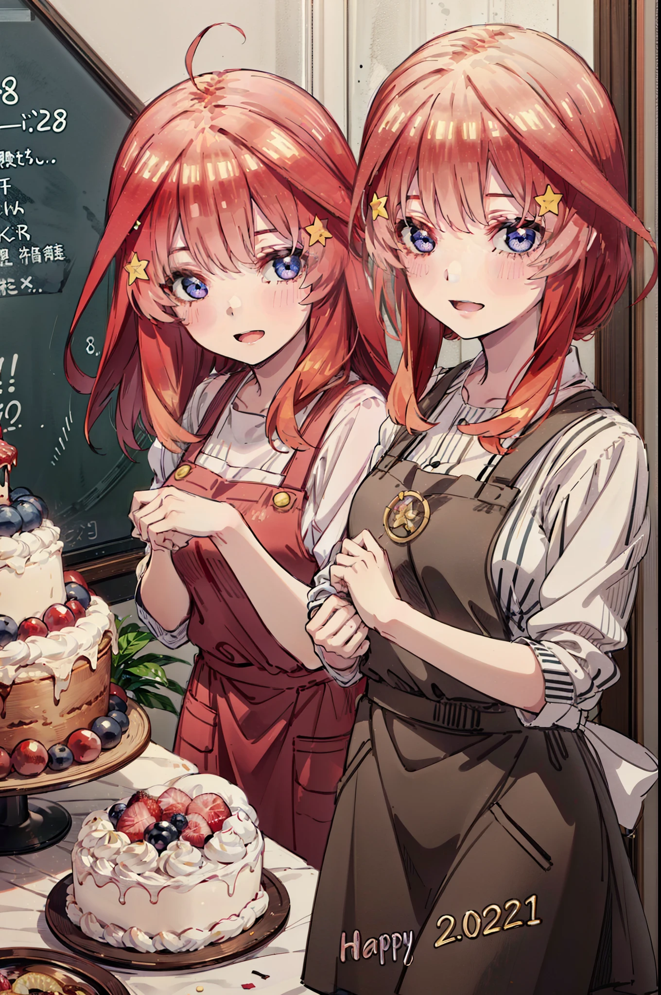 itsukinakano, Itsuki Nakano, bangs, blue eyes, Hair between the eyes, Ahoge, Redhead, star \(symbol\), hair ornaments,happy smile, smile, Open your mouth,cracker, star hair ornaments,Red Tank Top,Long skirt,Black pantyhose,apron,Walking,There is food and a birthday cake on the table,
break indoors, room,
break looking at viewer,Upper Body,
break (masterpiece:1.2), Highest quality, High resolution, unity 8k wallpaper, (figure:0.8), (Beautiful attention to detail:1.6), Highly detailed face, Perfect lighting, Highly detailed CG, (Perfect hands, Perfect Anatomy),