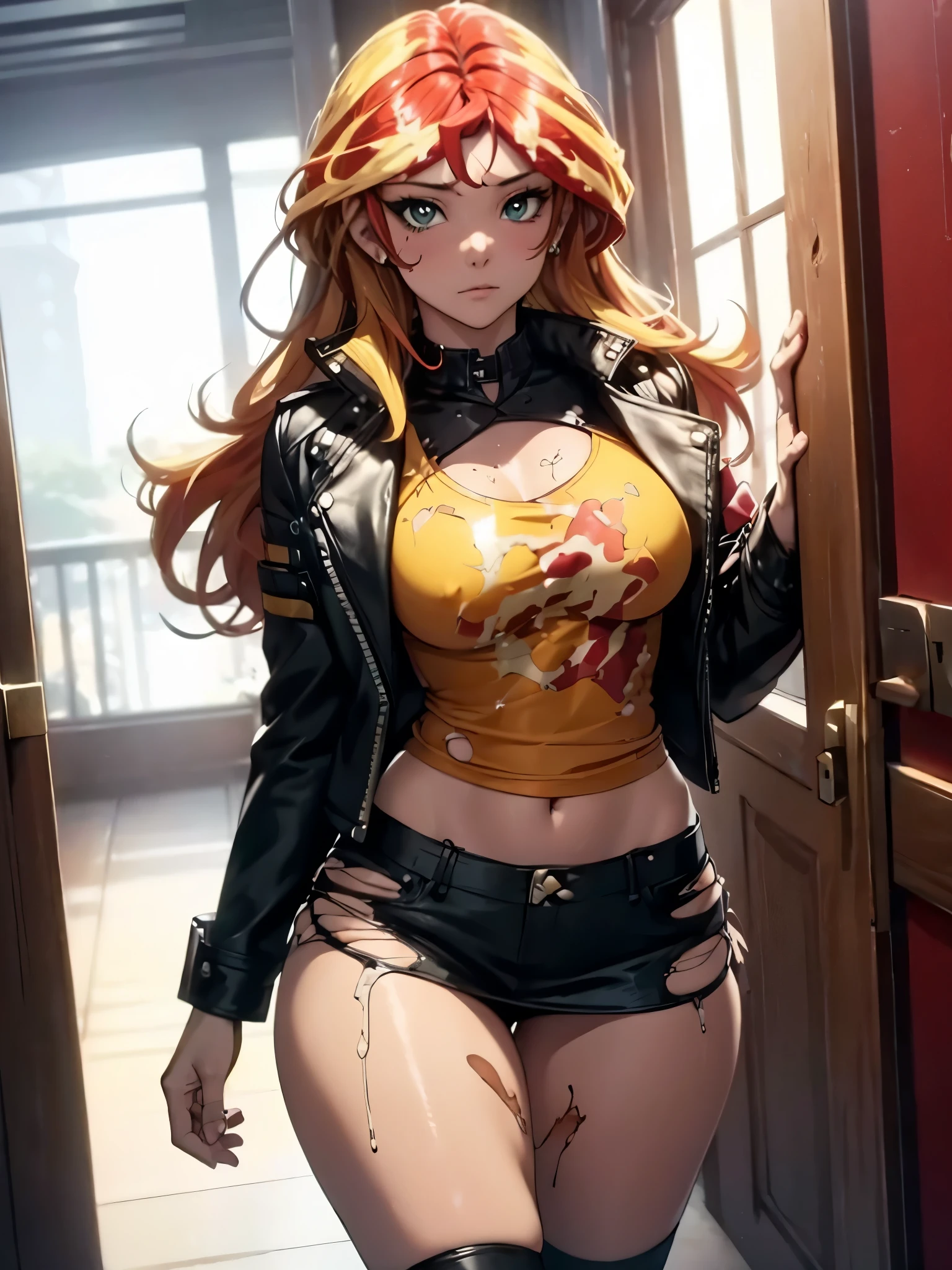 Sunsethuman, medium breasts, lush breasts, voluminous breasts, firm breasts, five fingers, detailed hands, two hair tones, red and yellow hair, yellow shirt, black leather jacket, red miniskirt, torn clothing, ripped up clothing, almost naked, messed up hair, bukkake, walking through a doorway