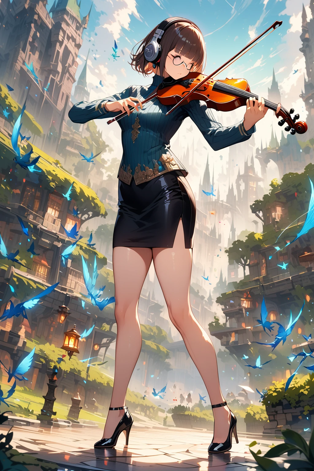 (extremely detailed fine touch:1.3), (((semi-rimless round eyewear:1.3))), (headphone:1.2), short hair, blunt bangs, fantasy, 1girl,Playing a violin, Turtleneck blouse, pencil skirt, high heels,