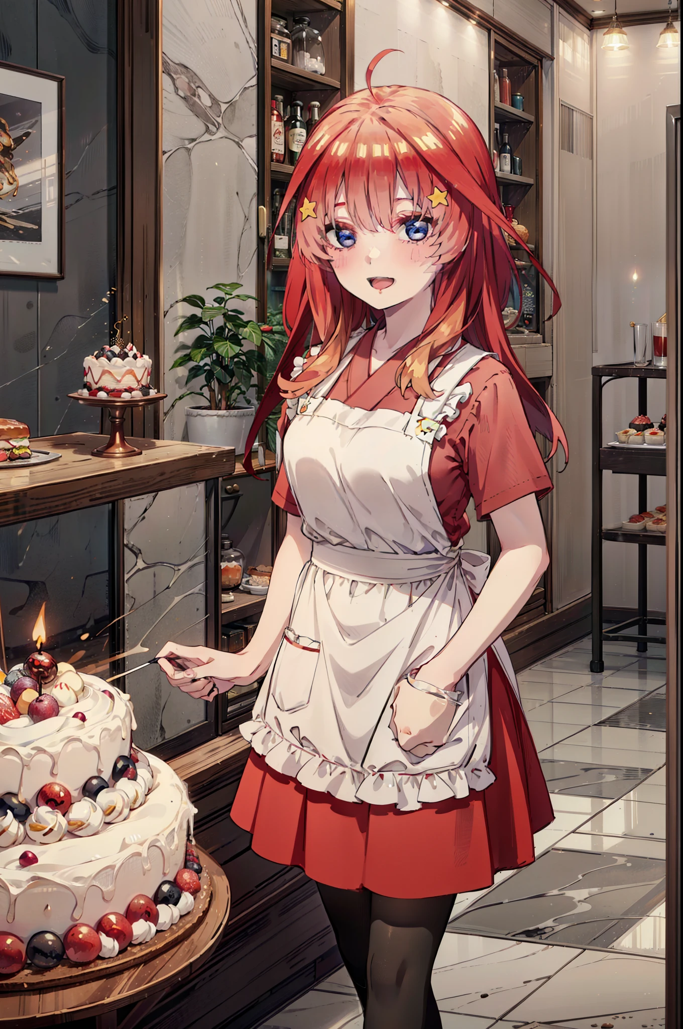 itsukinakano, Itsuki Nakano, bangs, blue eyes, Hair between the eyes, Ahoge, Redhead, star \(symbol\), hair ornaments,happy smile, smile, Open your mouth,cracker, star hair ornaments,Red Tank Top,Long skirt,Black pantyhose,apron,Walking,There is food and a birthday cake on the table,whole bodyがイラストに入るように,
break indoors, room,
break looking at viewer,whole body,
break (masterpiece:1.2), Highest quality, High resolution, unity 8k wallpaper, (figure:0.8), (Beautiful attention to detail:1.6), Highly detailed face, Perfect lighting, Highly detailed CG, (Perfect hands, Perfect Anatomy),