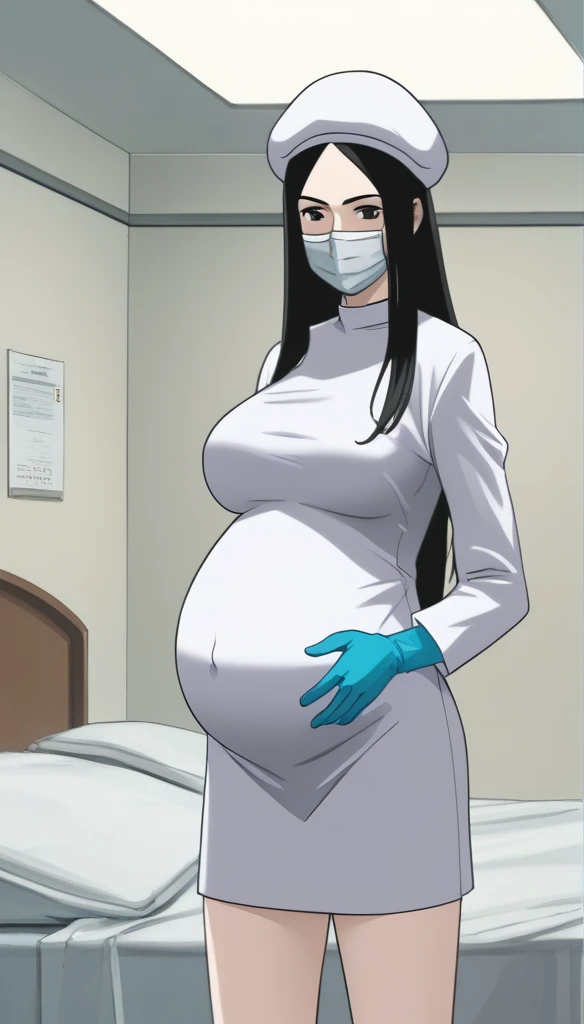 score_9,  score_8_up, score_7_up, source_anime, raw image, masterpiece, highest quality, kasuganoray, very charming, pale skin, she narrowed her eyes, eyes want to have sex, her eyes were filled with a high level of lust, looking_at_viewer, long black hair, close ears, big breasts, scrubs, surgical mask, bouffant cap, long sleeve maternity dress, put on another long sleeved coat, seamless, navel head, the dress isn't wrinkled, tight fitting, long white stockings, 
1girl, pregnant, solo, sexy, she looked so hot and aroused, long rubber gloves, looking down, look at viewer, furrowed brow, hospital bed, light shines from the ceiling, standing, patient room background, she has a high sex drive, she is sexually arousing, she looked like she really wanted to have sex, she is inquiring about the patient's condition, she persuaded him to have sex with her, she invites you have sex with her, she invites you to have sex with her, she acted sexually, masturbate, she looks like she wants to have sex