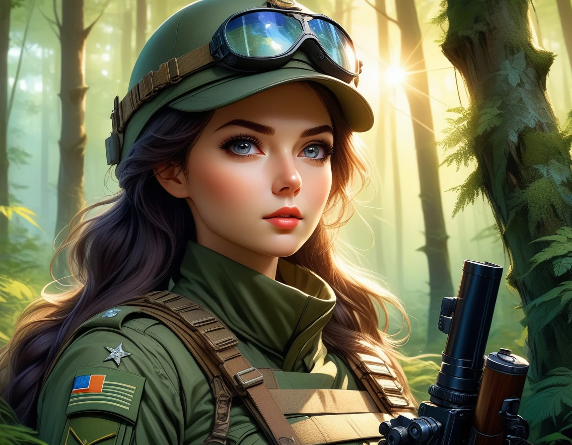 A female sniper,Octetopter, Intricate details, Highly detailed military uniform, Delicate face, beautiful eyes, Long eyelashes, Determine the expression, Holding, In a forest environment, Sunlight through the trees, light, Vibrant colors, Drama, masterpiece,Aim the lens