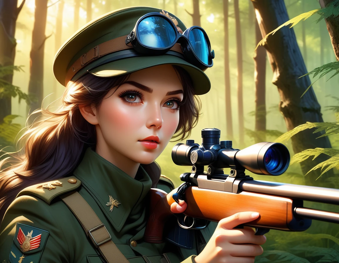 A female sniper,Octetopter, Intricate details, Highly detailed military uniform, Delicate face, beautiful eyes, Long eyelashes, Determine the expression, Holding, In a forest environment, Sunlight through the trees, light, Vibrant colors, Drama, masterpiece,Aim the lens