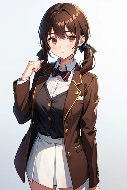 one woman, standing, cowboy shot, hand on chest,deep brown hair, low twin tails, deep brown eyes, white skin,young female, Great Joy, high school girl, , jacket/blazer, slim, looking at viewer, white background