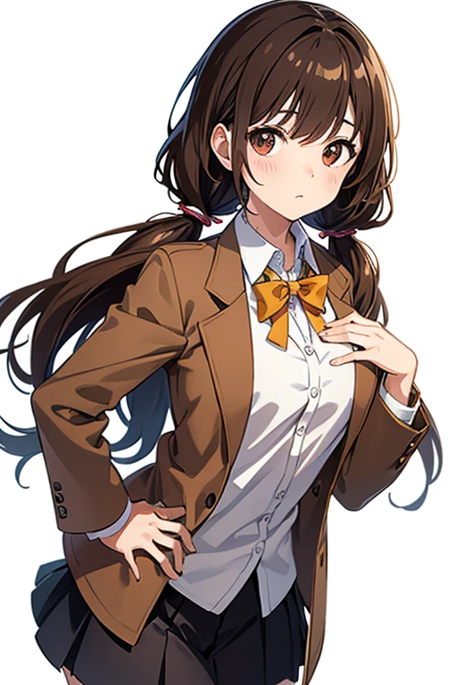 one woman, standing, cowboy shot, hand on chest,deep brown hair, low twin tails, deep brown eyes, white skin,young female, Great Joy, high school girl, , jacket/blazer, slim, looking at viewer, white background