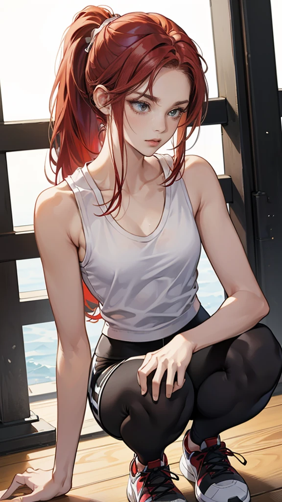 {{masterpiece}}, {{{best quality}}},{{ultra-detailed}}, {{illustration}},{{tall stature}},{{adult women}},((Shorts and leggings)),Small breasts,Slender,Flared Shorts,{{Squatting on the ground}},((Leggings with integrated shorts)), Fitness Instructor Red hair ponytail ((White tank top)) Place your hands on your knees Wristband ,1 female,alone, Fitness Gym