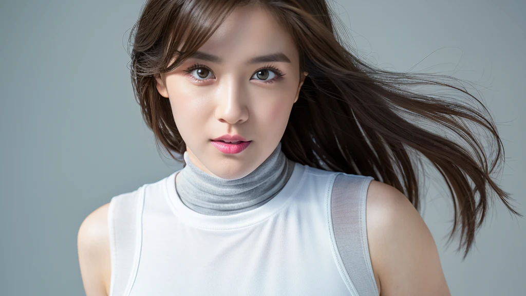 (Detailed face),vivid,chest,cute,Sleeveless and(turtleneck)White sporty clothes,4K,Ultra-high resolution,(Photorealistic:1.7),Gray background,Long Hair,