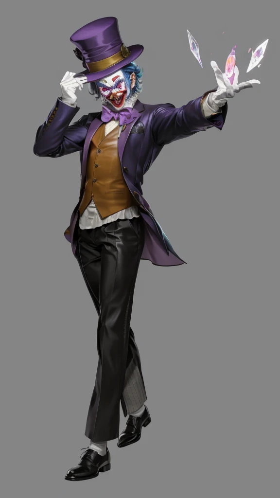 Official Art, masterpiece, Clear focus, Extremely detailed, (Side Light:1.2), clown，Suit，crazy，male，whole body，mystery，magician帽，Suit外套，Vest，leather shoes，wear gloves，magician，weird，Strong build，