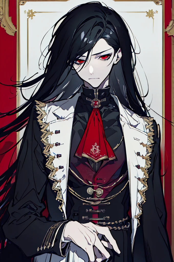 ((highest quality)), 4k resolution, masterpiece, (solo), (((male))), ((long black hair)), tall, handsome, attractive, facing viewer, looking at viewer, front view, red eyes, vampire, scowl, frown, Victorian clothing, (standing), simple pose, 2D anime style, half-body, ((plain white background))

