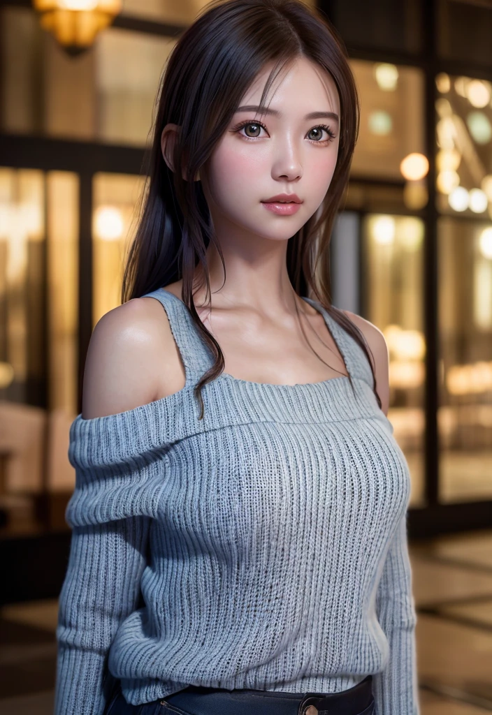 8K, of the highest quality, masutepiece:1.2), (Realistic, Photorealsitic:1.37), of the highest quality, masutepiece, Beautiful young woman, Pensive expression,、A charming、and an inviting look, Oversized knitwear, off shoulders、Hair tied back, Cinematic background, Light skin tone