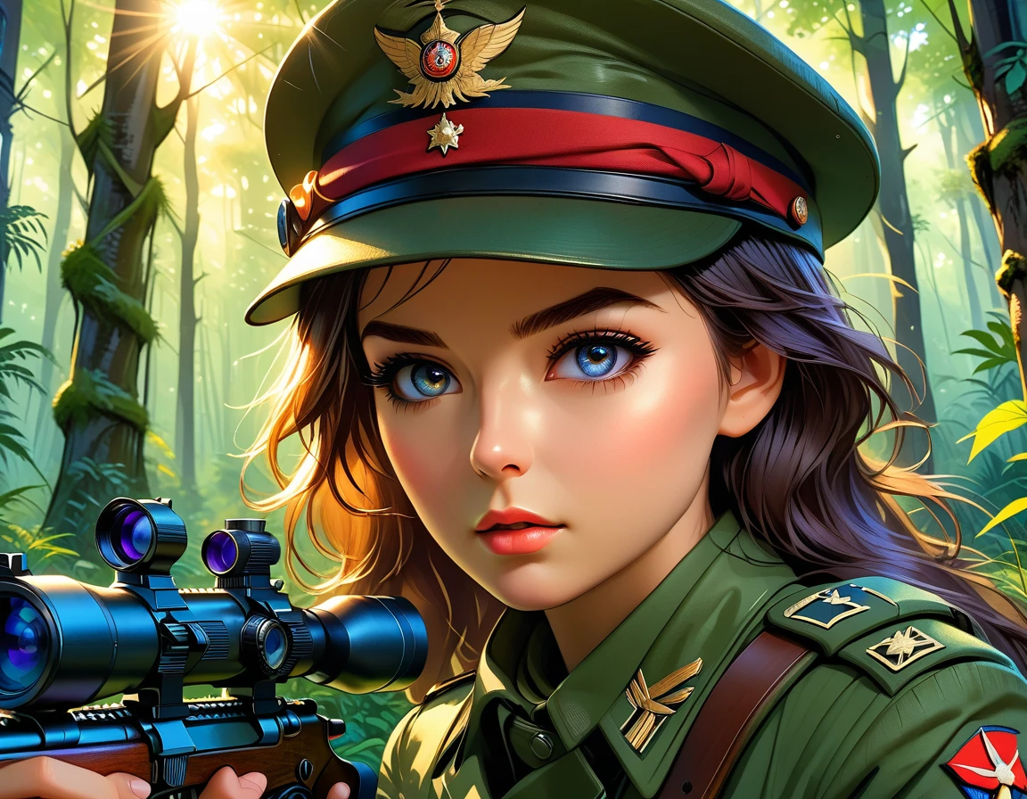 A female sniper,Octetopter, Intricate details, Highly detailed military uniform, Delicate face, beautiful eyes, Long eyelashes, Determine the expression, Holding, In a forest environment, Sunlight through the trees, light, Vibrant colors, Drama, masterpiece,Aim the lens