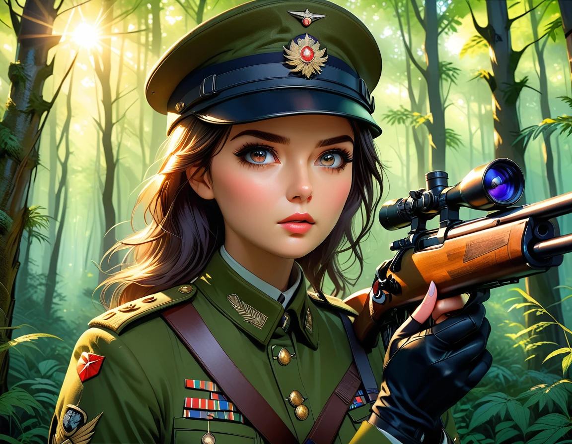 A female sniper,Octetopter, Intricate details, Highly detailed military uniform, Delicate face, beautiful eyes, Long eyelashes, Determine the expression, Holding, In a forest environment, Sunlight through the trees, light, Vibrant colors, Drama, masterpiece,Aim the lens