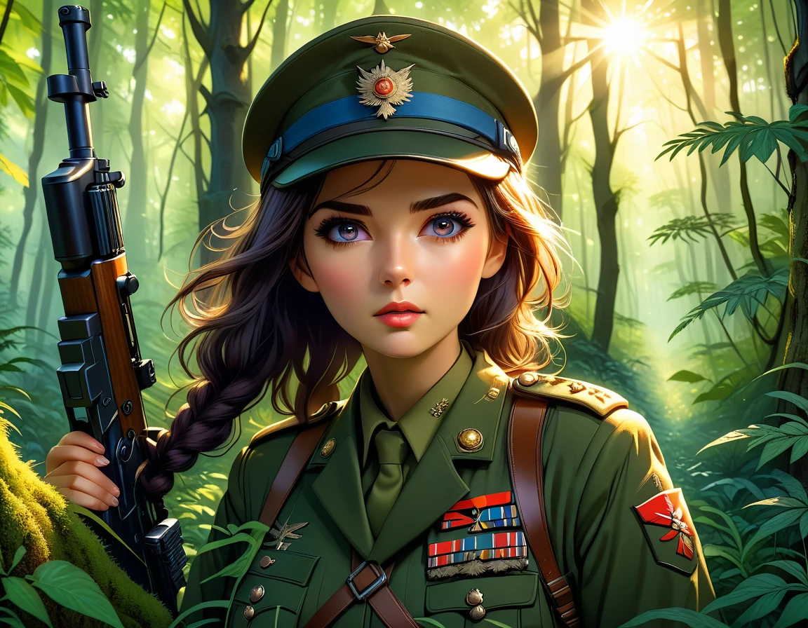 A female sniper,Octetopter, Intricate details, Highly detailed military uniform, Delicate face, beautiful eyes, Long eyelashes, Determine the expression, Holding, In a forest environment, Sunlight through the trees, light, Vibrant colors, Drama, masterpiece,Aim the lens