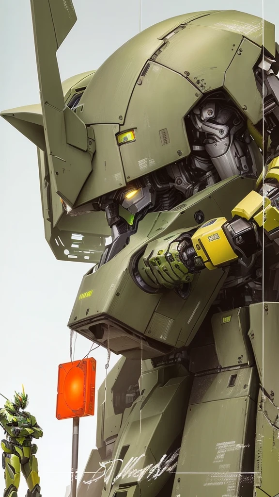 Close-up of a man in a suit and a large green and yellow robot, My portrait, Extremely detailed level, # Mecha, heavy on details, Mecha robot details, Incredibly Sharp Detail, メタルギアMecha, Amazing details. Colored, highly detailed close up shot, extremely coherent. Attention to detail, 背景には廃棄されたMecha, Ultra-Realistic Details
