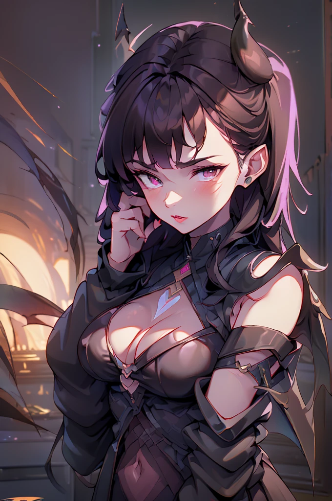 a demonic succubus woman with purple wings and tail, brown hair, golden eyes, thin purple horns, wearing a white dress with a leather jacket, fine facial features and almond-shaped eyes, (best quality,4k,8k,highres,masterpiece:1.2),ultra-detailed,(realistic,photorealistic,photo-realistic:1.37),digital painting,concept art,fantasy,dark fantasy,dramatic lighting,dramatic shadows,cinematic,moody,vibrant colors,glowing eyes
