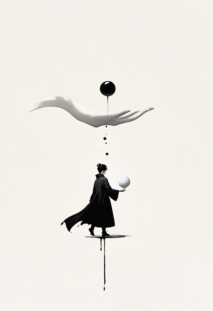 Montage Art Creation。Minimalism,ink,(Lots of white space:1.5),(Lots of white space around:1.6), White background, simple, Minimalism, Abstract,Hand Painted,Aesthetic,black and white,Ink Painting,Magic Circle,Magician, Holding a magic ball in hand ,A beautiful artistic illustration, author:Li Song, Arte no estilo de Gu Weiss, Shin Jin Hye, Obra-prima de Gu Weiss, Ross Figure 1. 0, Beautiful digital illustrations, Inspired by Non-WLOP, Cute and lovely digital art, jingna zhang, Gu Weiss, Stunning digital illustrations