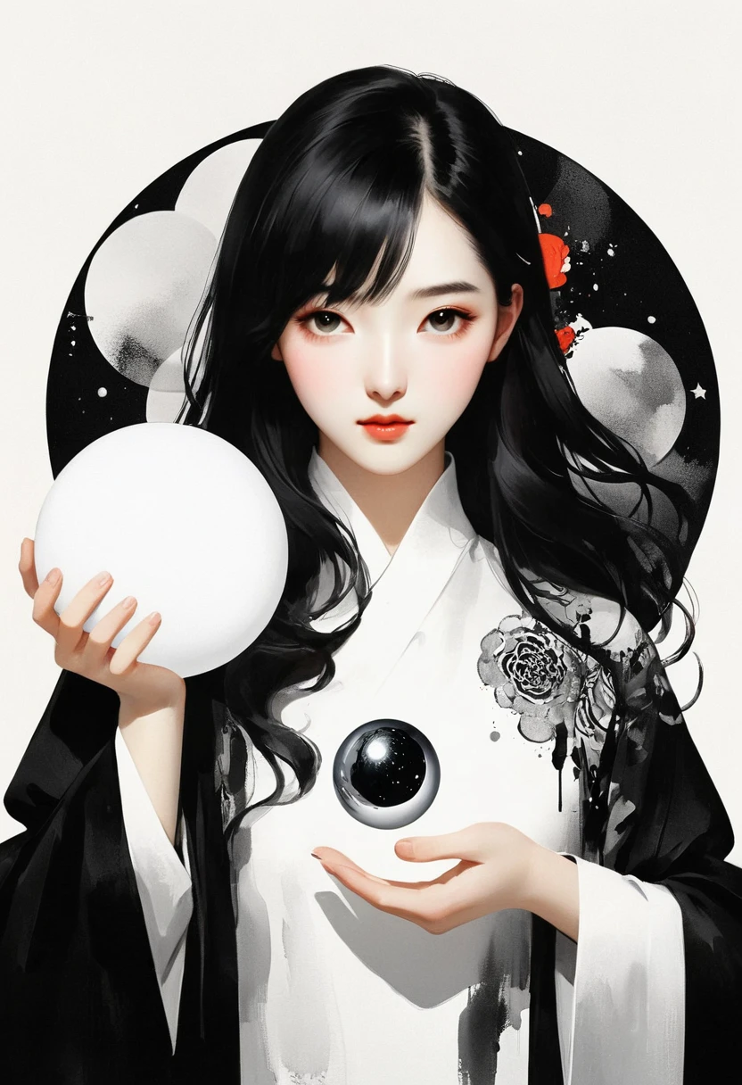 Montage Art Creation。Minimalism,ink,(Lots of white space:1.5),(Lots of white space around:1.6), White background, simple, Minimalism, Abstract,Hand Painted,Aesthetic,black and white,Ink Painting,Magic Circle,Magician, Holding a magic ball in hand ,A beautiful artistic illustration, author:Li Song, Arte no estilo de Gu Weiss, Shin Jin Hye, Obra-prima de Gu Weiss, Ross Figure 1. 0, Beautiful digital illustrations, Inspired by Non-WLOP, Cute and lovely digital art, jingna zhang, Gu Weiss, Stunning digital illustrations