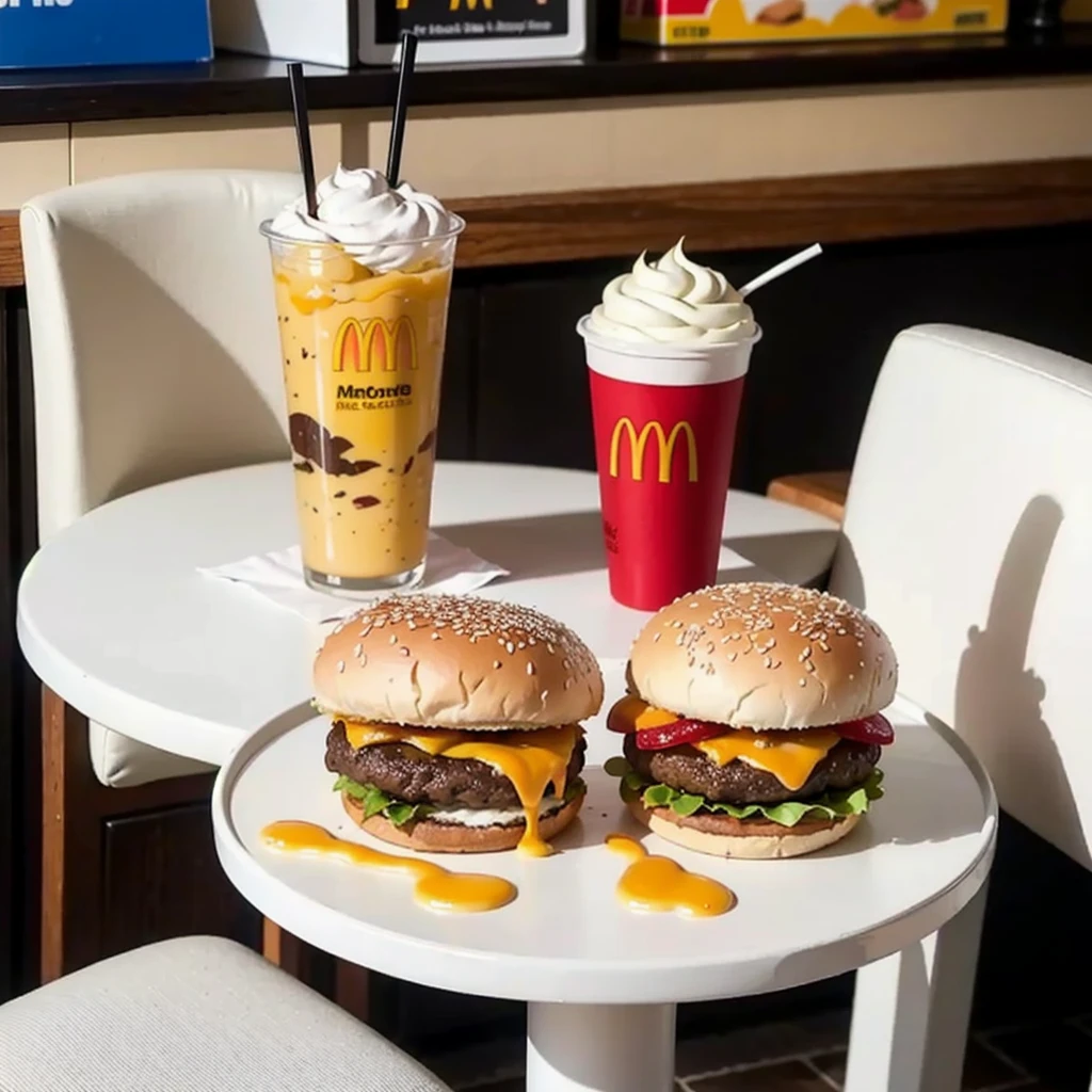 a McDonald's cheese burger and a fiordilatte sundae, all presented on white a table.