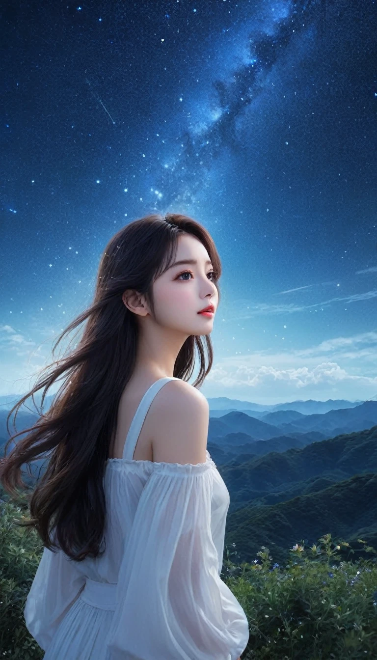 Ultra-realistic、８hair、A starry sky full of staroonlight、silence、Mysterious Landscape、Move、Hesy、hope