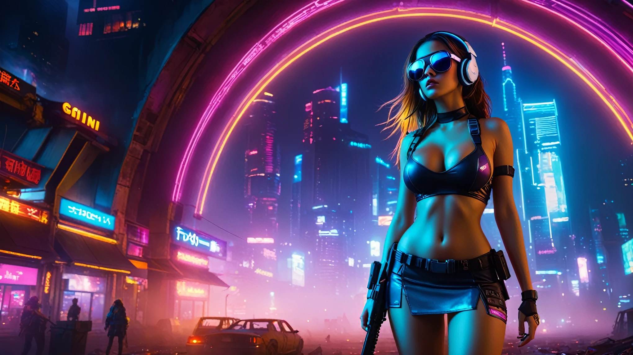 dark futuristic landscape, at night, neon lights, Atmospheric fog, large buildings in the background, futuristic city, streets with open shops, skyscraper (postapocalyptic city:1.3). (((1girl, solo, alone))), large-breast:1.2 slim body, cleavage:1.1, sexy miniskirt, (((headphone, black sunglasses, standing and holding pistol pose))), (((half-body thigh level medium shot))), cinematic lighting, lens flare, ray tracing.