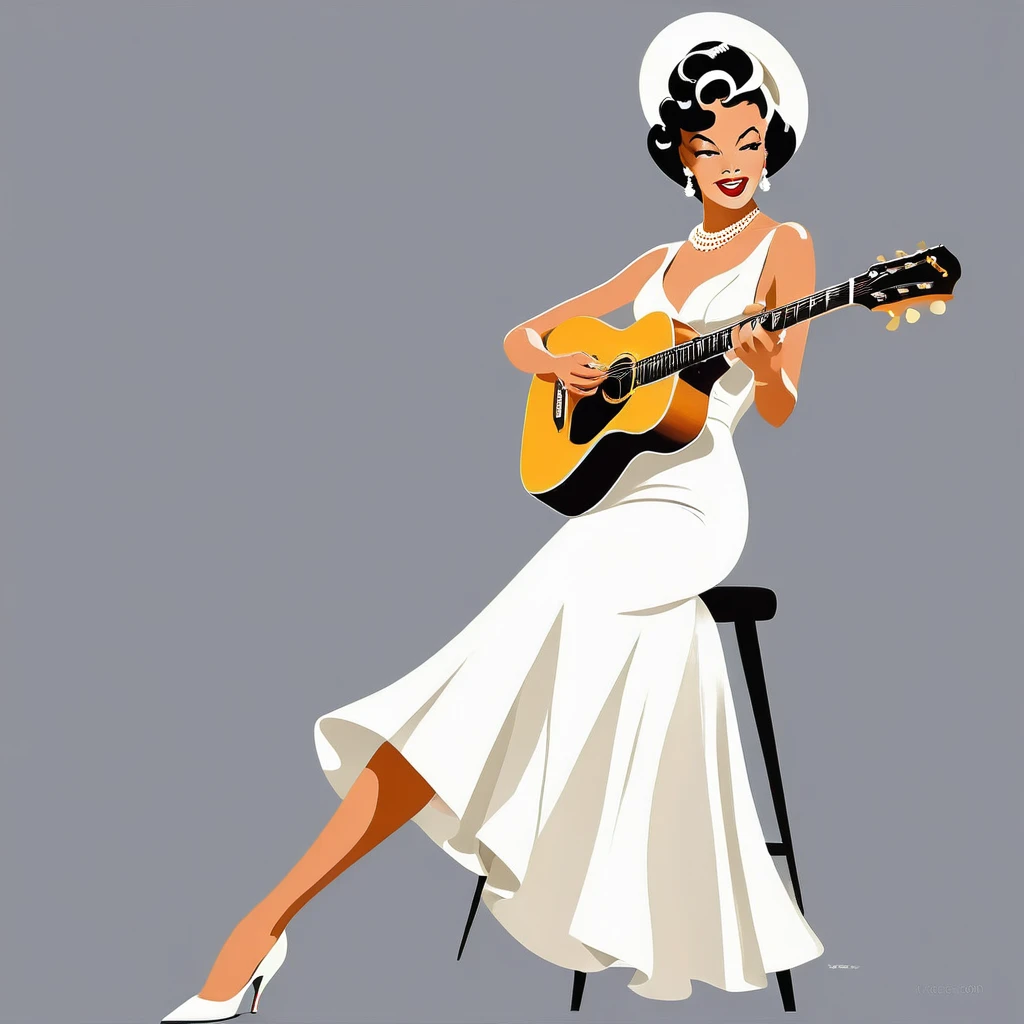 rafed woman in white dress playing a guitar on grey background, inspired Tex Avery, Retro illustration, guitar, In the style of digital illustration, Flat Vector Art, jazz, 1950s illustration style, stylized digital illustration, Manga style illustration, Tex Avery, Pinup Poster Girl, Vector style drawing, Vector Art Style, Elegant woman