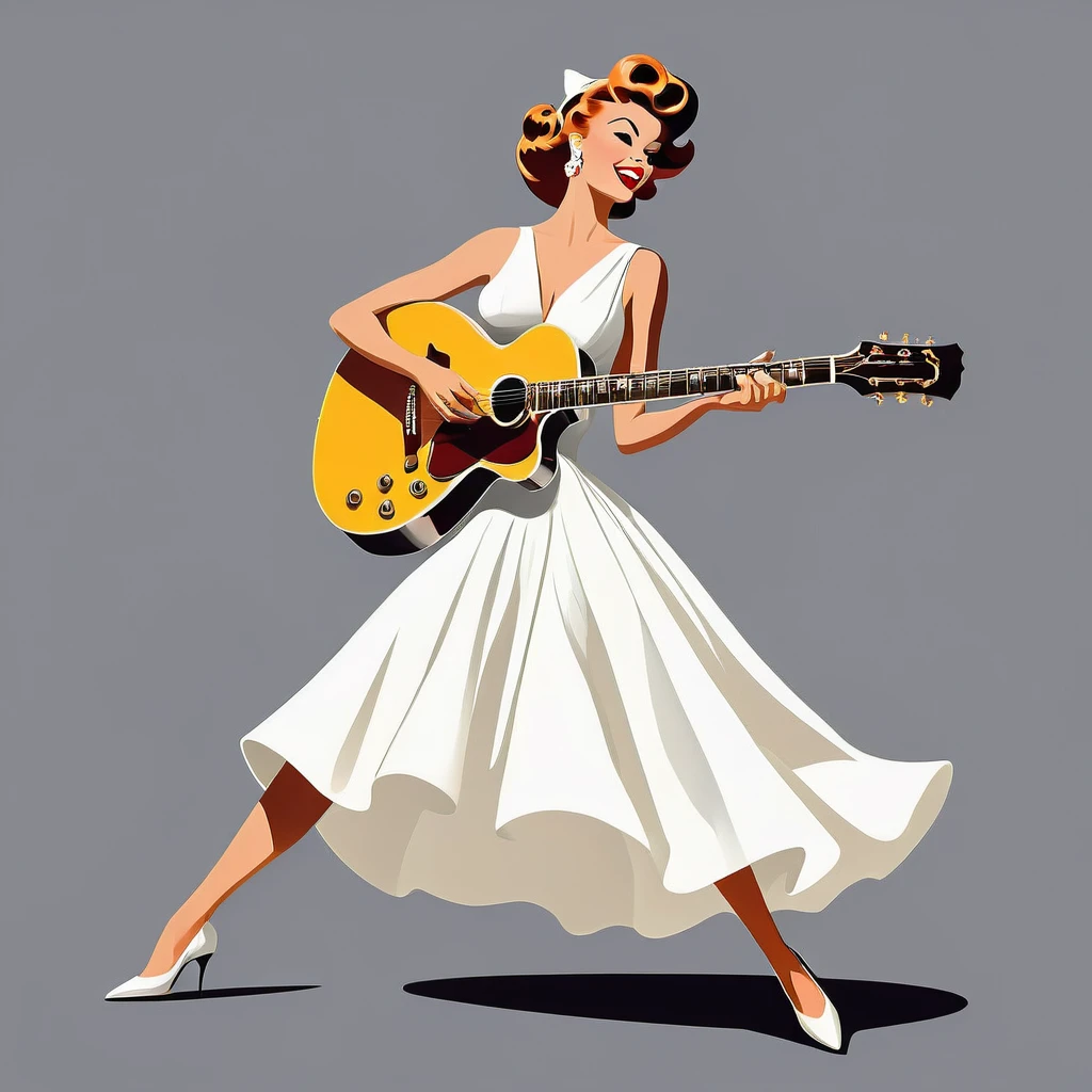 rafed woman in white dress playing a guitar on grey background, inspired Tex Avery, Retro illustration, guitar, In the style of digital illustration, Flat Vector Art, jazz, 1950s illustration style, stylized digital illustration, Manga style illustration, Tex Avery, Pinup Poster Girl, Vector style drawing, Vector Art Style, Elegant woman