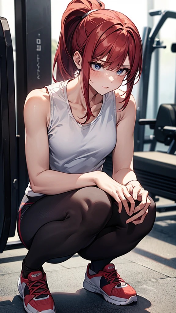 {{masterpiece}}, {{{best quality}}},{{ultra-detailed}}, {{illustration}},{{tall stature}},{{adult women}},((Shorts and leggings)),Small breasts,Slender,Flared Shorts,{{Squatting on the ground}},((Leggings with integrated shorts)), Fitness Instructor Red hair ponytail ((White tank top)) Place your hands on your knees Wristband ,1 female,alone, Fitness Gym