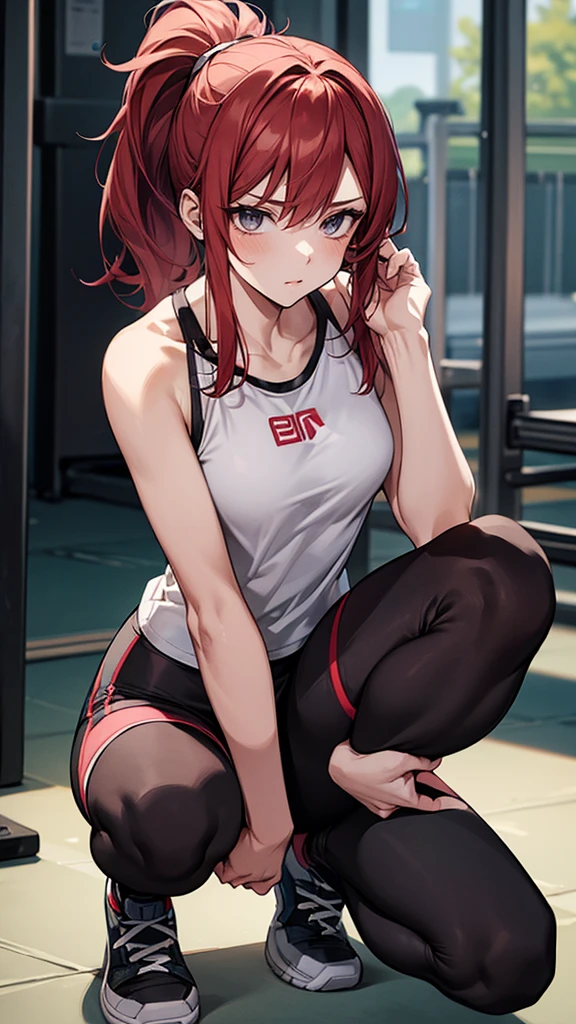 {{masterpiece}}, {{{best quality}}},{{ultra-detailed}}, {{illustration}},{{tall stature}},{{adult women}},((Shorts and leggings)),Small breasts,Slender,Flared Shorts,{{Squatting on the ground}},((Leggings with integrated shorts)), Fitness Instructor Red hair ponytail ((White tank top)) Place your hands on your knees Wristband ,1 female,alone, Fitness Gym